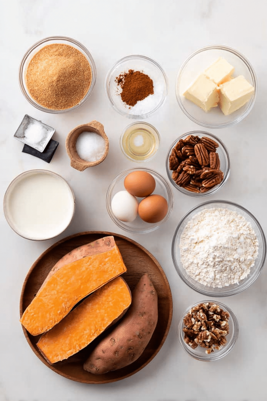 Sweet Potato Casserole Ingredients close up of baked sweet potato casserole with pecan crumble in white dish