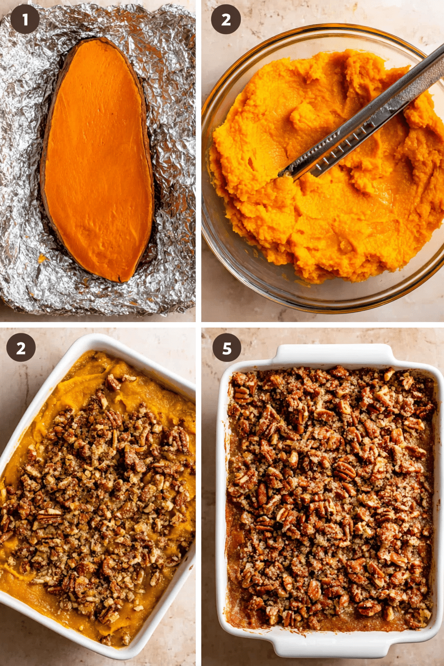 Sweet Potato Casserole Step-by-Step step-by-step sweet potato casserole from roasting to baked with pecan topping