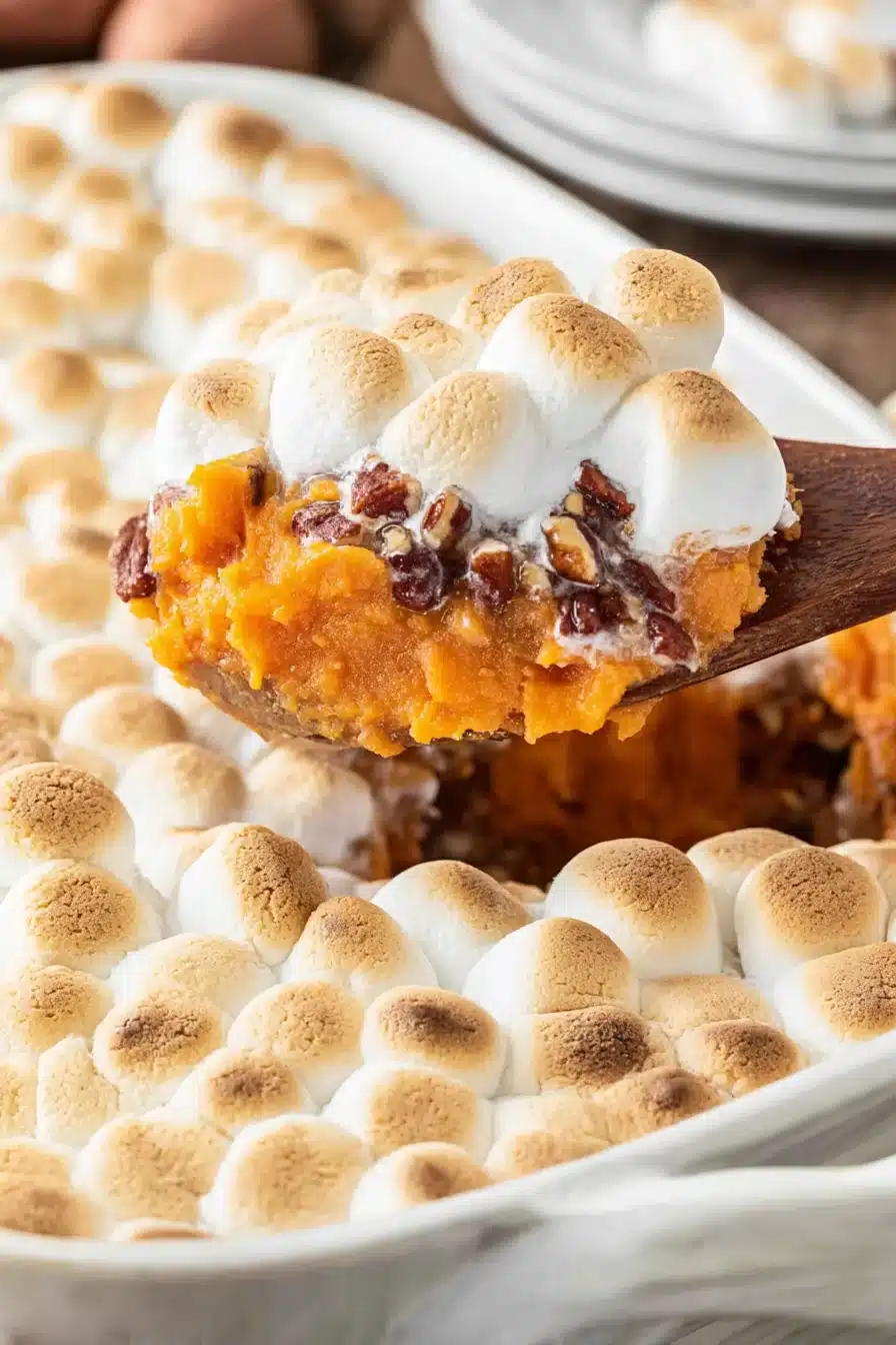 sweet potato casserole with marshmallows in baking dish lifted on wooden spoon