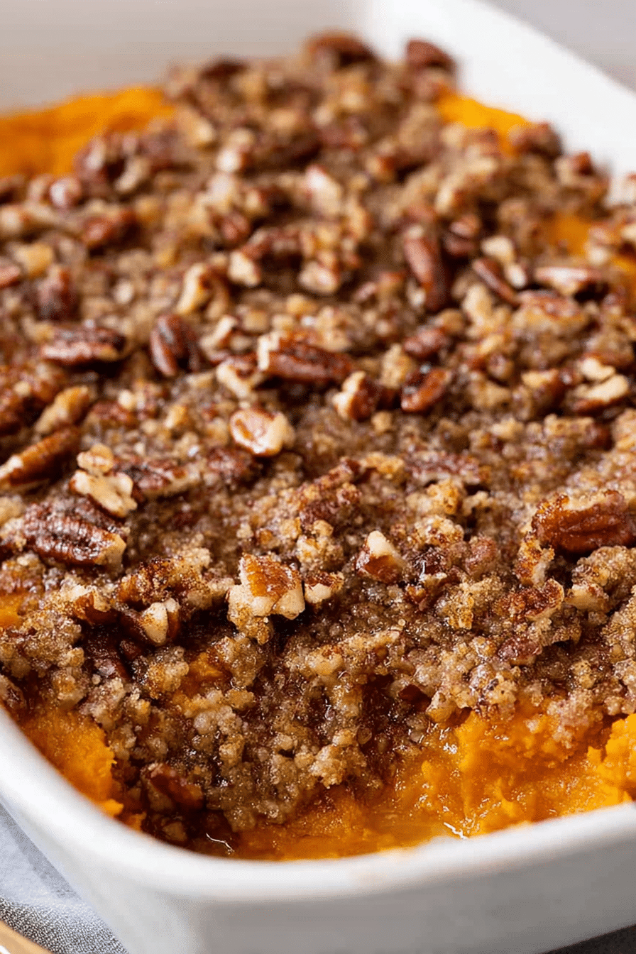 Sweet Potato Casserole with Pecan Topping close up of baked sweet potato casserole with pecan crumble in white dish