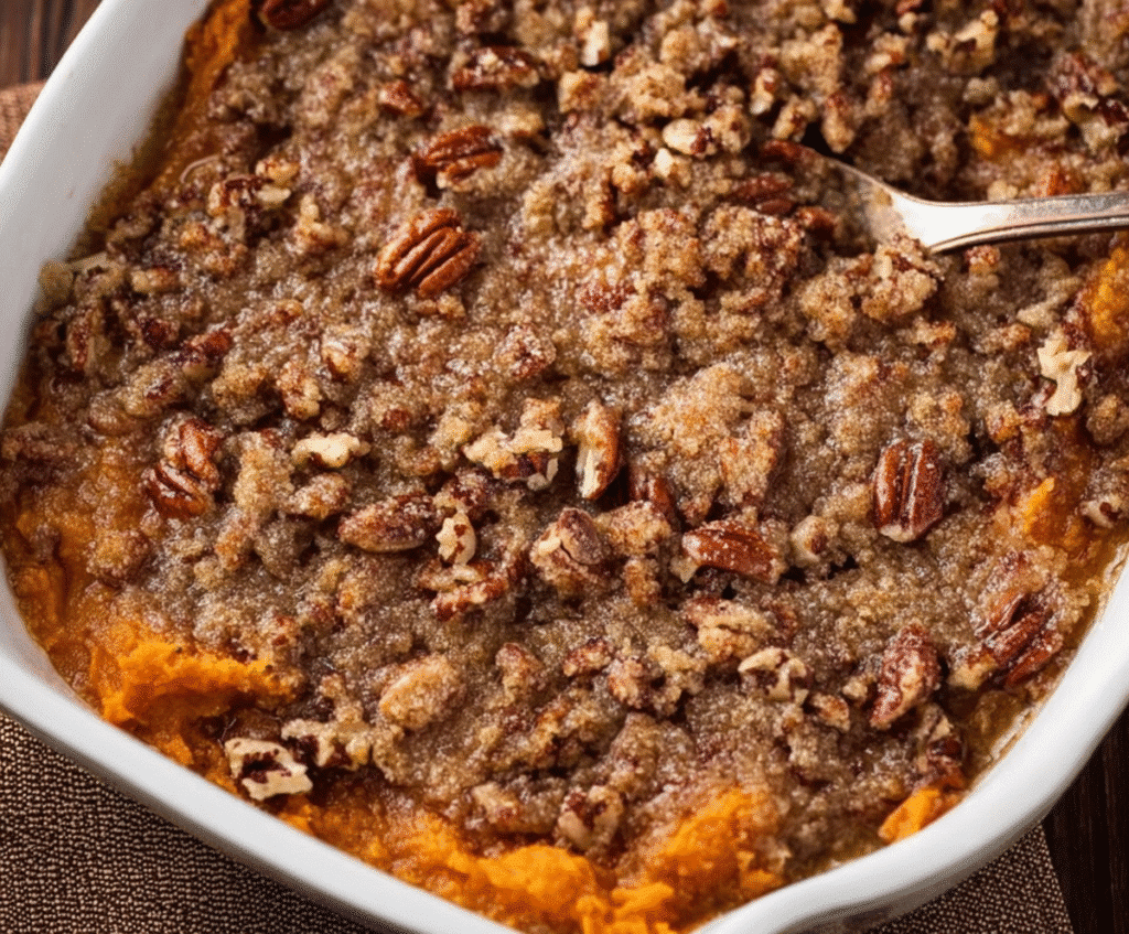close up of baked sweet potato casserole with pecan crumble in white dish