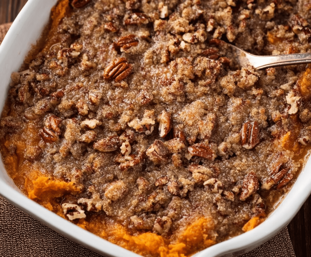 close up of baked sweet potato casserole with pecan crumble in white dish