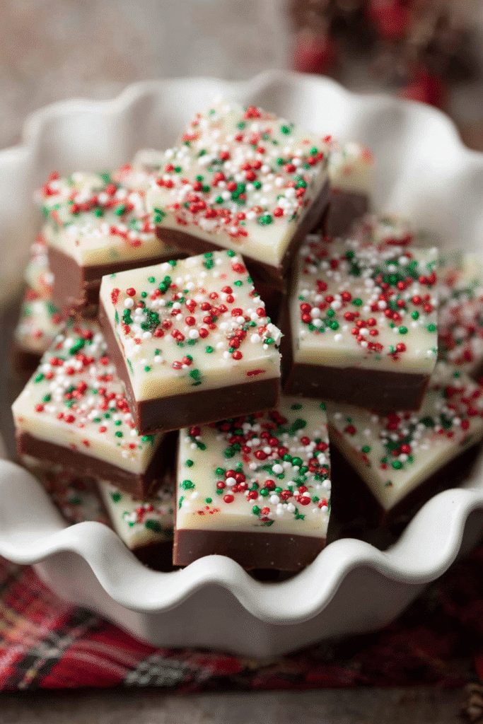 Christmas fudge recipe. Stack of two-layer fudge squares with red, green, and white sprinkles in a white bowl.