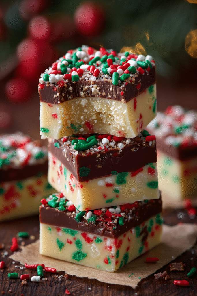 Christmas fudge stack. Holiday dessert recipe with chocolate, sprinkles, and festive colors. Homemade fudge for Christmas.