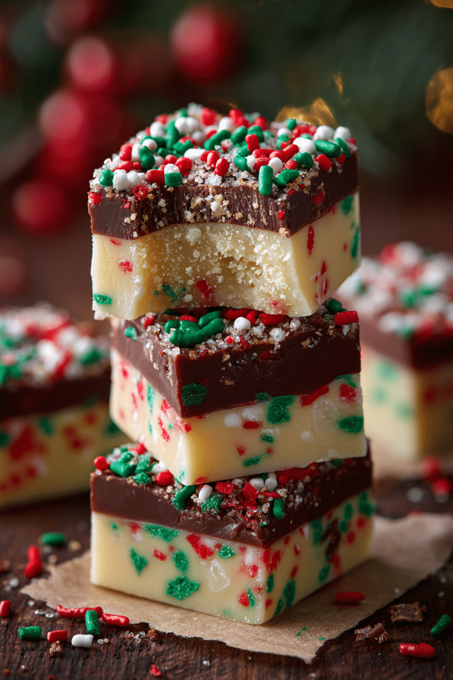 Christmas fudge stack. Holiday dessert recipe with chocolate, sprinkles, and festive colors. Homemade fudge for Christmas.