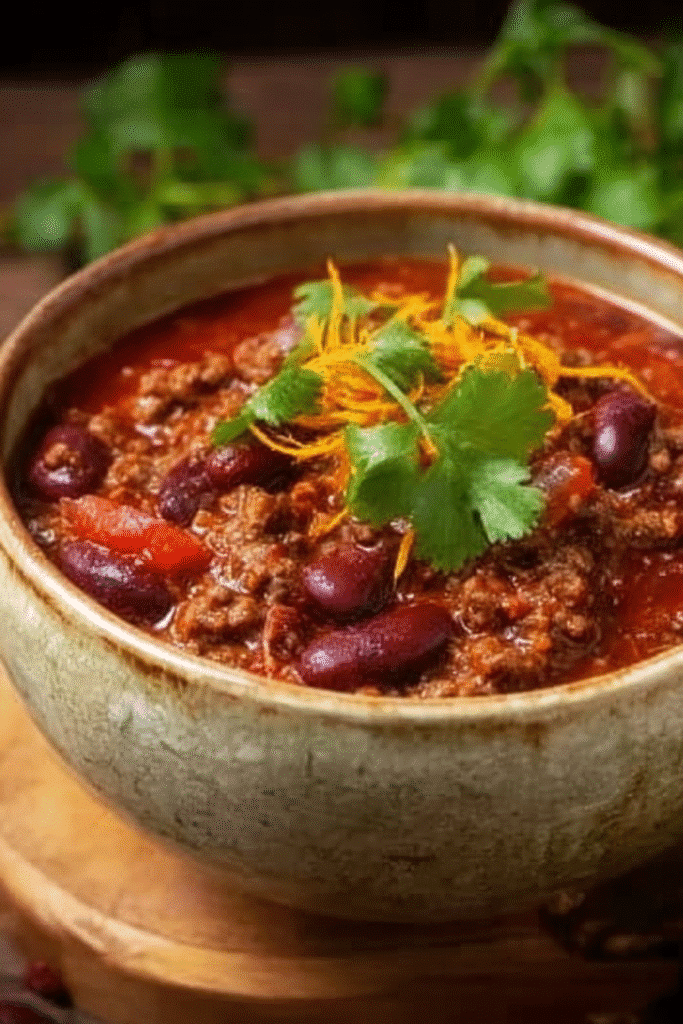 homemade chili with ground beef kidney beans and cilantro in a ceramic bowl