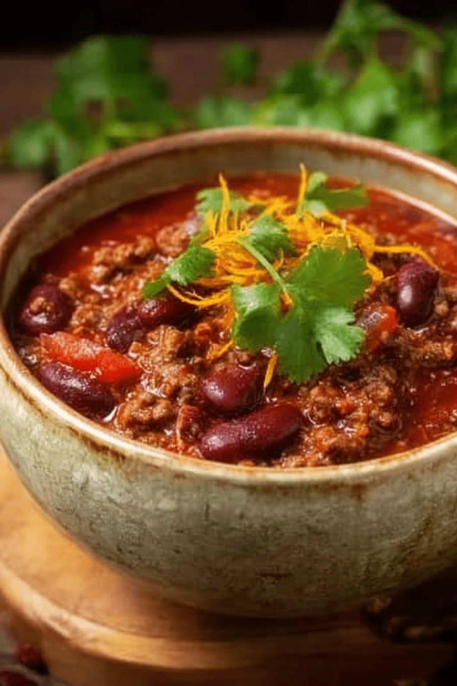homemade chili with ground beef kidney beans and cilantro in a ceramic bowl