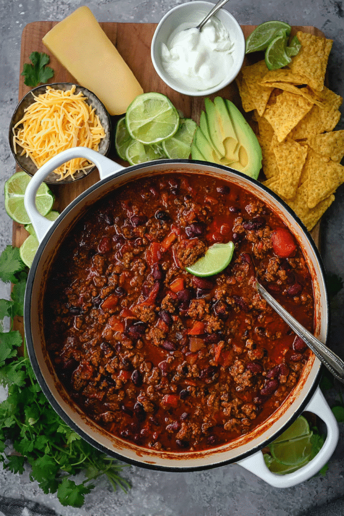 pot of homemade chili with beans and toppings board with avocado cheese and chips