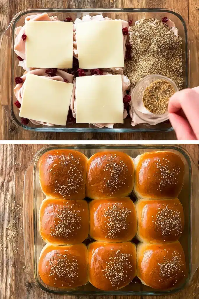 Turkey cranberry sliders topped with provolone and everything bagel buns