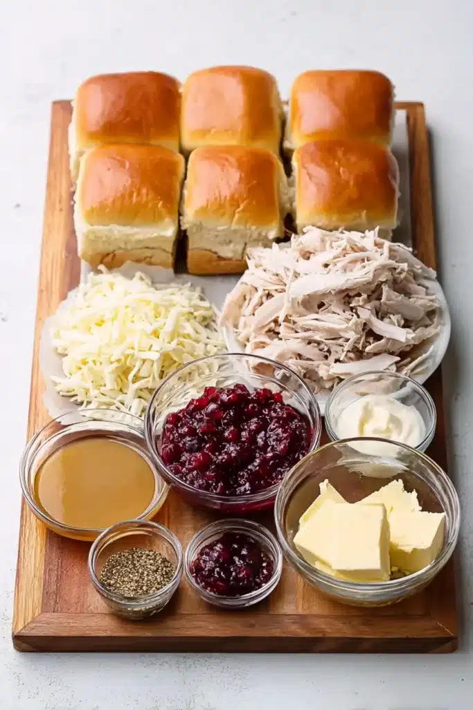 Ingredients for turkey cranberry sliders on a wooden board