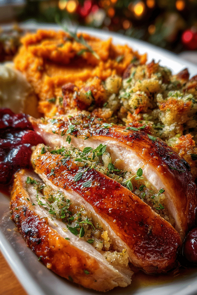 unique thanksgiving recipes that will dazzle your guests roasted turkey with stuffing sweet potatoes and cranberry sauce