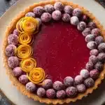 Cranberry-orange curd tart with sugared cranberries and orange zest on top