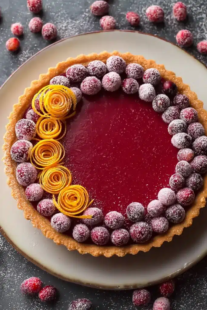 Cranberry-orange curd tart with sugared cranberries and orange zest on top