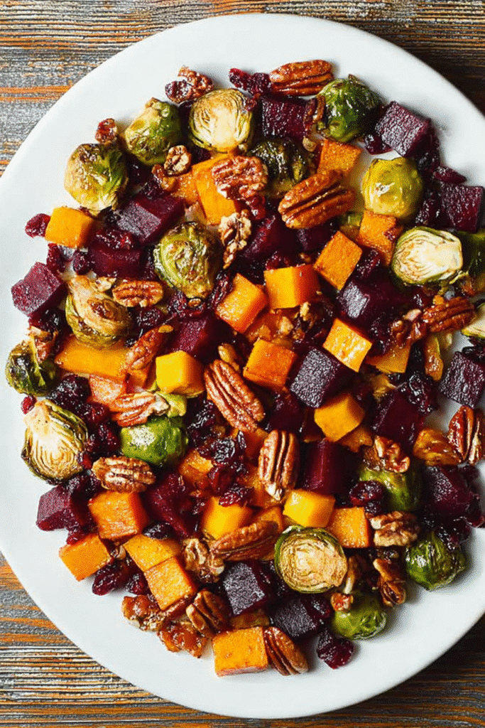 Winter vegetable salad with butternut squash, Brussels sprouts, beets, pecans, and cranberries.