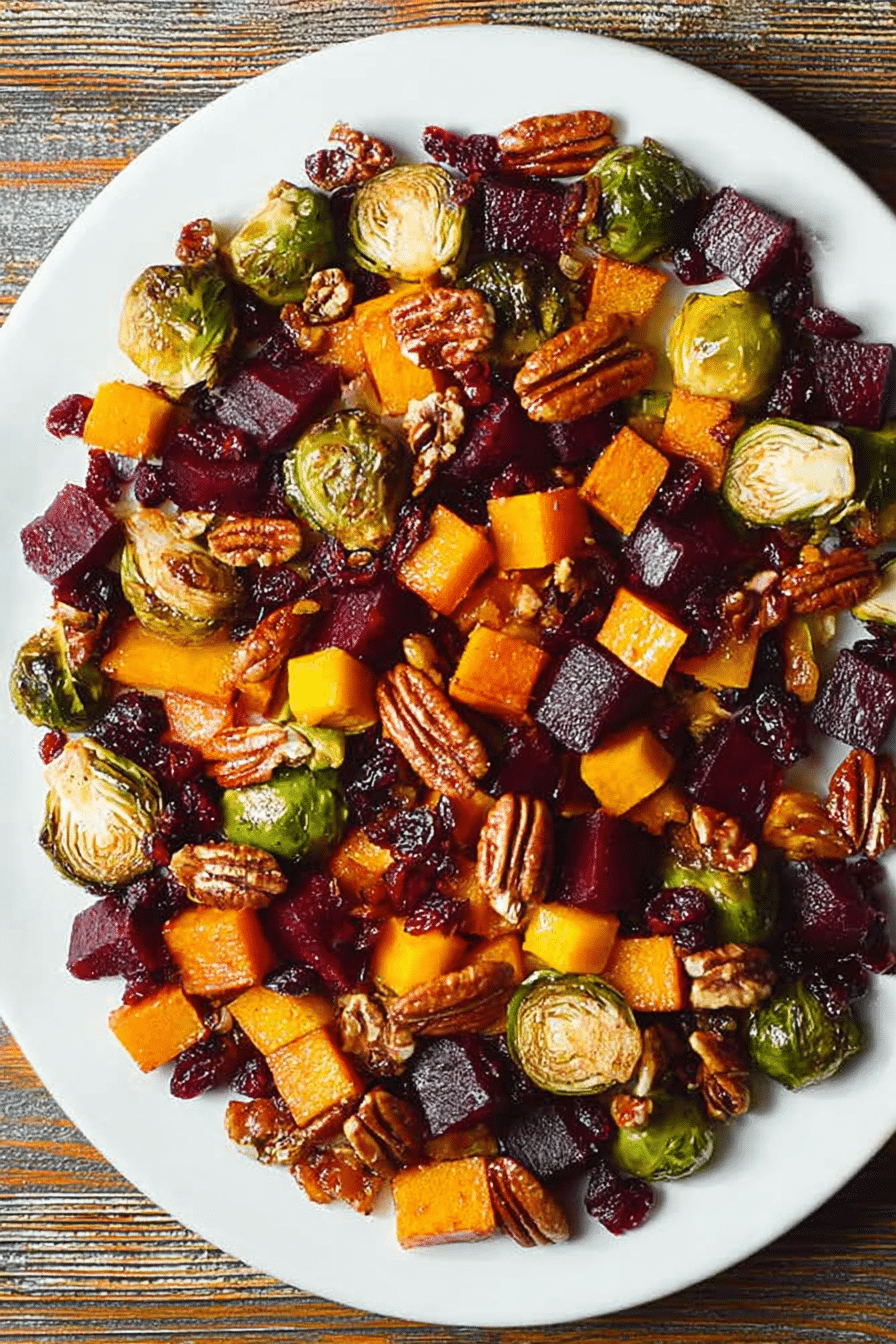 Winter vegetable salad with butternut squash, Brussels sprouts, beets, pecans, and cranberries.