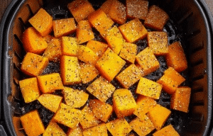 air fryer basket with seasoned pumpkin cubes ready to roast