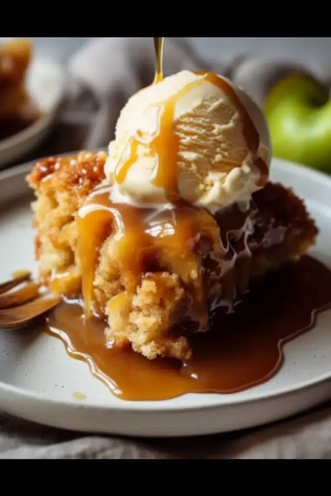 caramel apple dump cake with fresh apples and caramel sauce