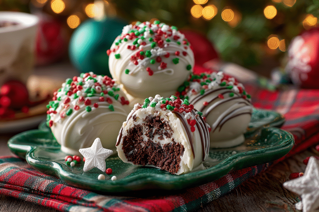 bowl of christmas oreo balls with chocolate coating and festive sprinkles