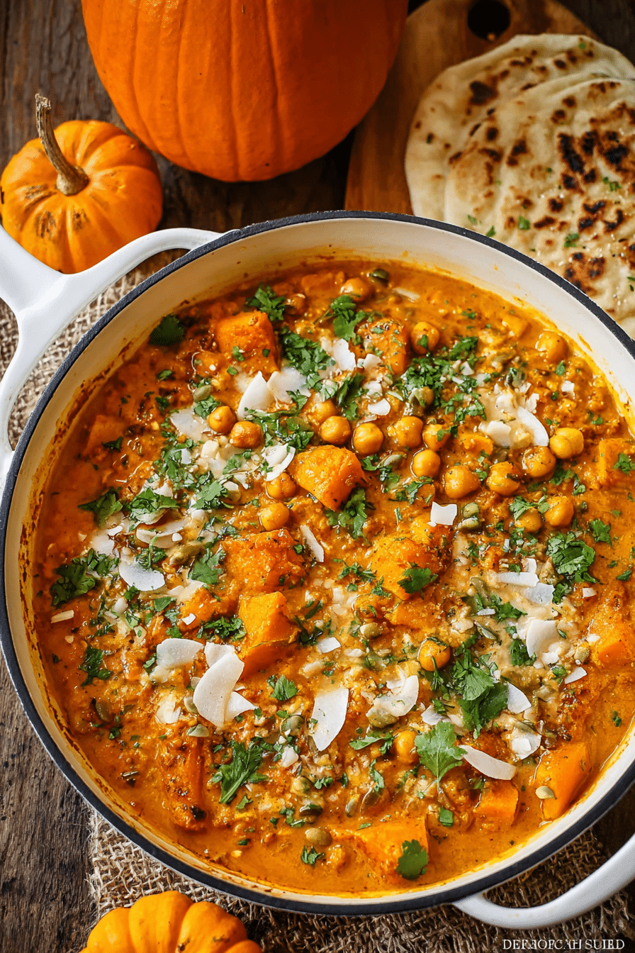 Creamy pumpkin curry recipe with chickpeas in a white pot. Cozy autumn food with naan bread and pumpkins.
