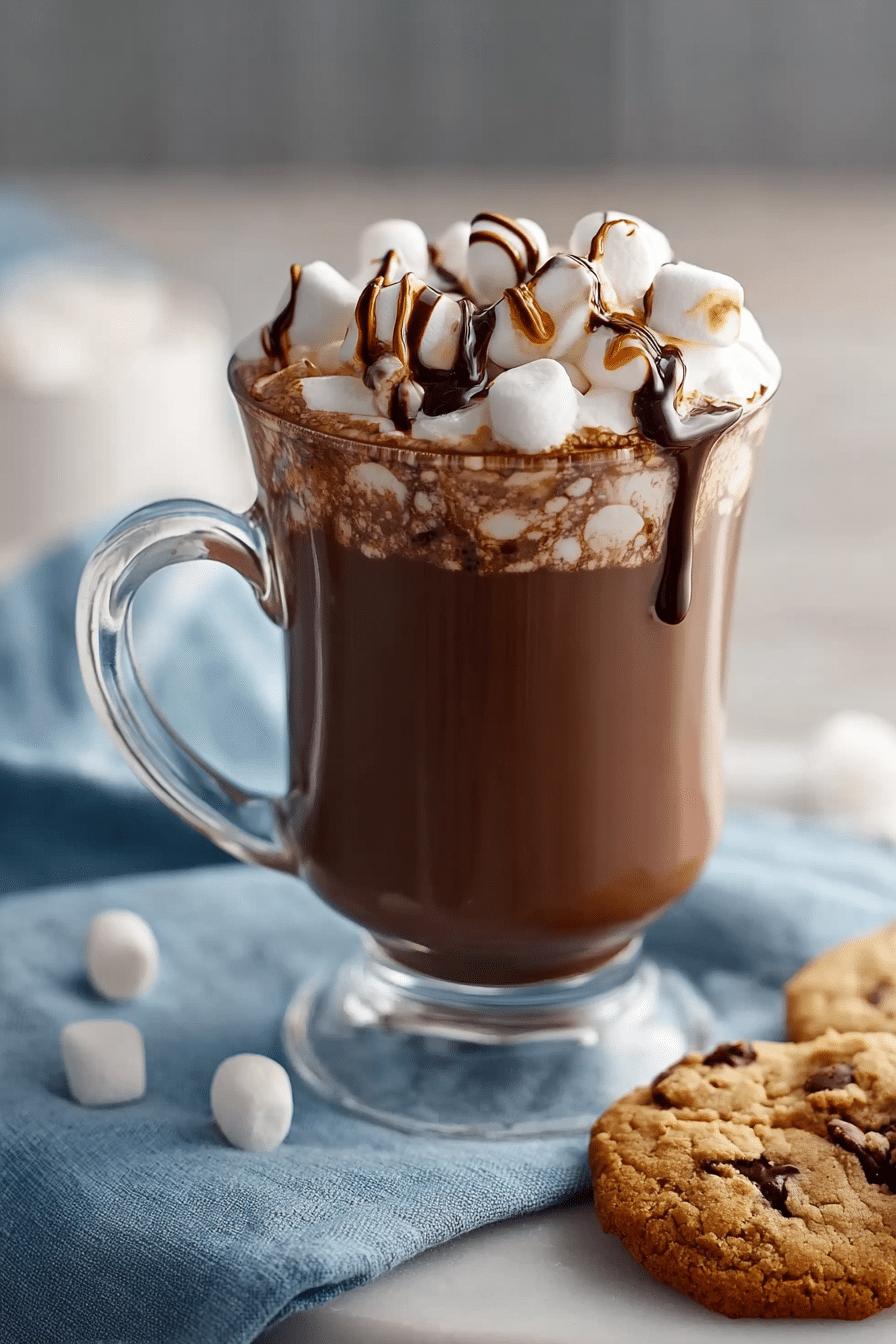 easy slow cooker hot chocolate in glass mug with marshmallows chocolate drizzle and cookie