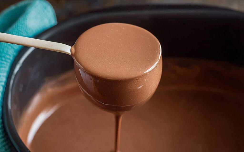 ladle of creamy hot chocolate lifted from slow cooker