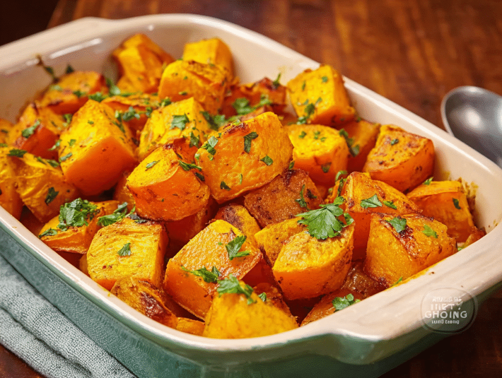 Air fryer roast pumpkin. Tender, sweet, and crispy roasted pumpkin cubes in a dish, garnished with parsley.