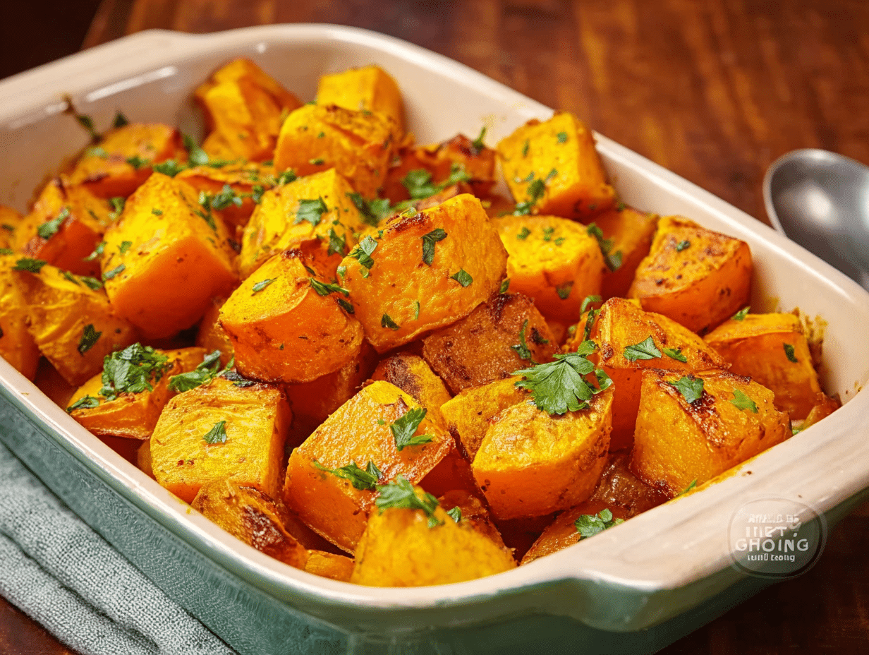 Air fryer roast pumpkin. Tender, sweet, and crispy roasted pumpkin cubes in a dish, garnished with parsley.