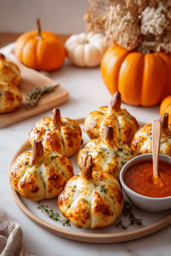 Easy pizza-stuffed pumpkins for Halloween dinner. Fun Halloween dinner idea. Pumpkin shaped pizza rolls with tomato sauce.