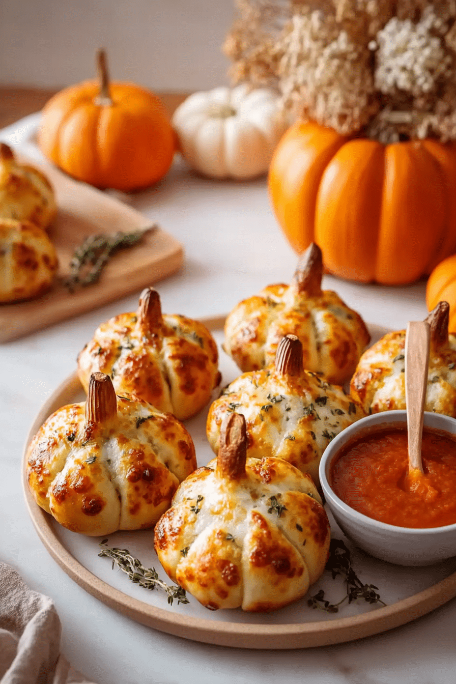 Easy pizza-stuffed pumpkins for Halloween dinner. Fun Halloween dinner idea. Pumpkin shaped pizza rolls with tomato sauce.