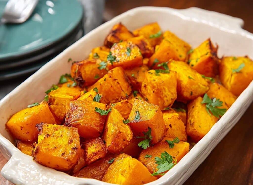 roasted pumpkin cubes with parsley in white baking dish