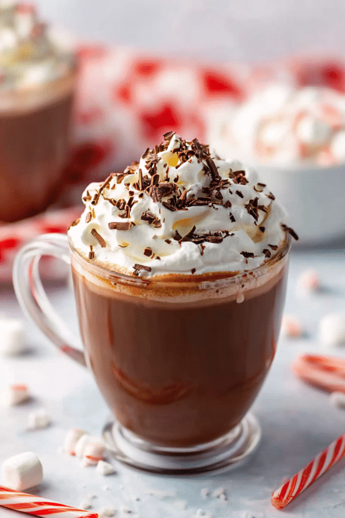 glass mug of the best crockpot hot chocolate with whipped cream and shaved chocolate