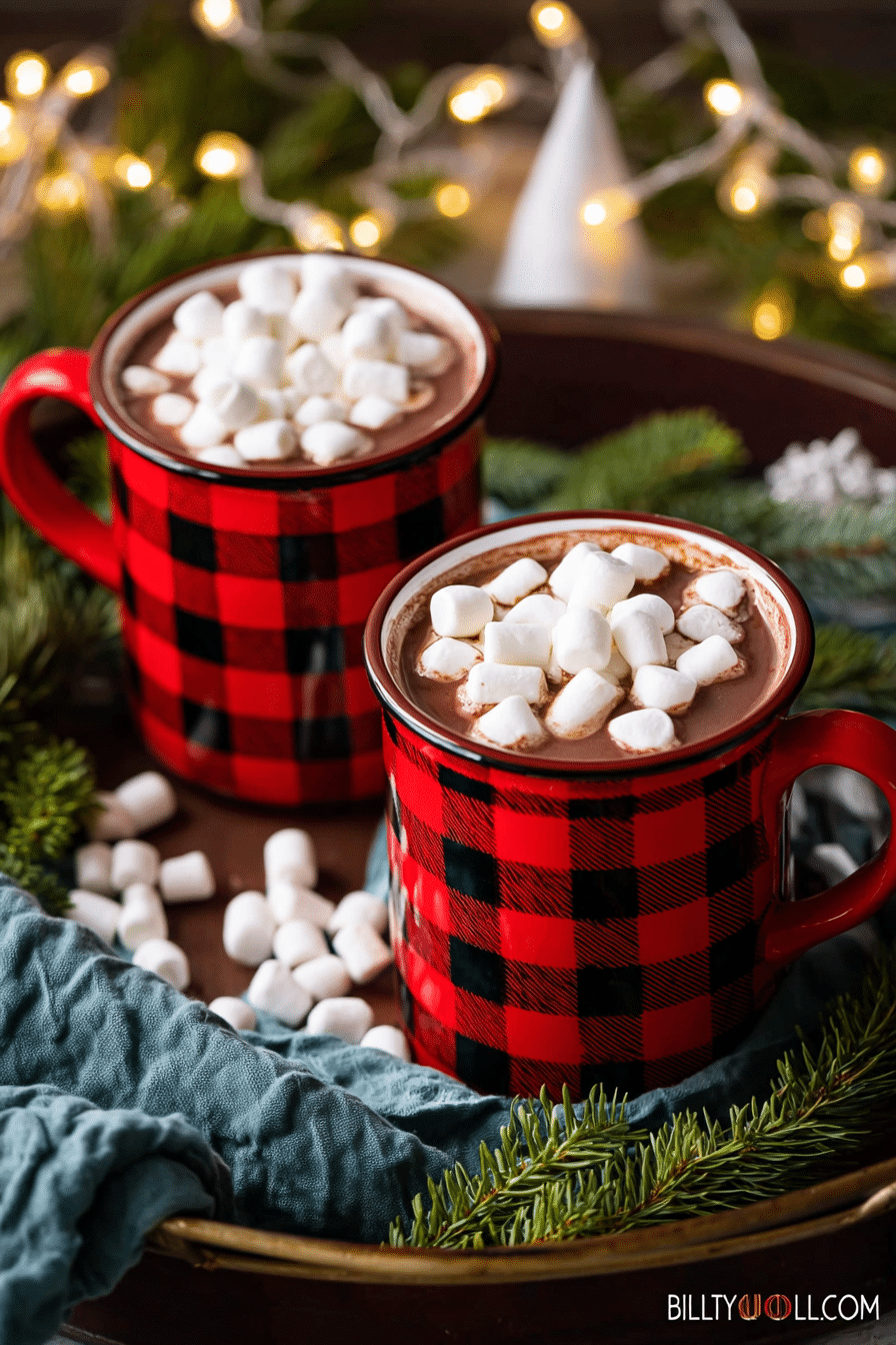 slow cooker hot chocolate in red plaid mugs with marshmallows and lights