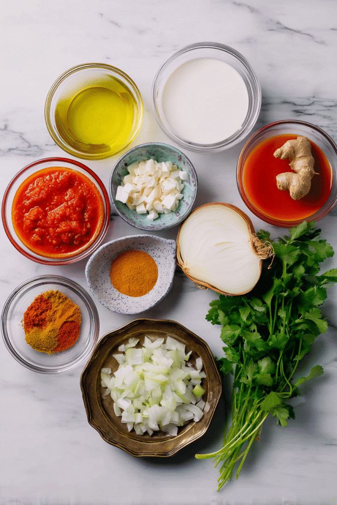 Pumpkin Curry Recipe Ingredients: Diced onion, tomato, ginger, spices, coconut milk, cilantro, and oil for making creamy pumpkin curry.