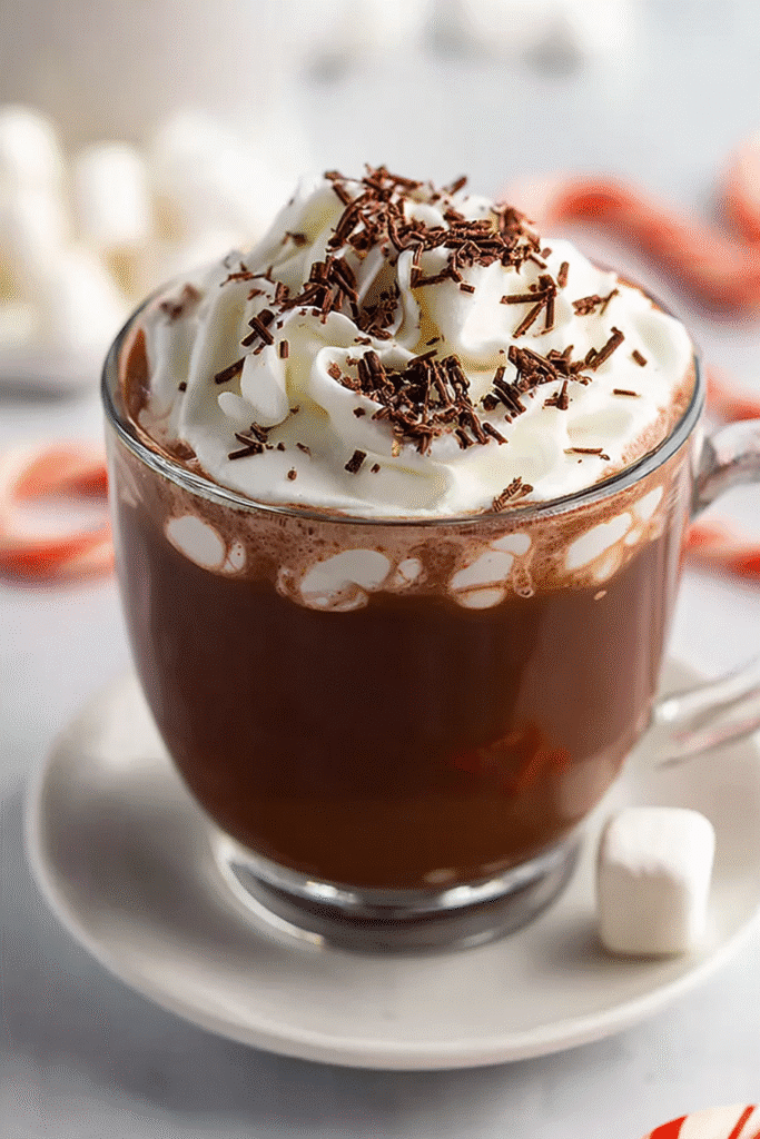 the best crockpot hot chocolate in glass mug with whipped cream and chocolate shavings