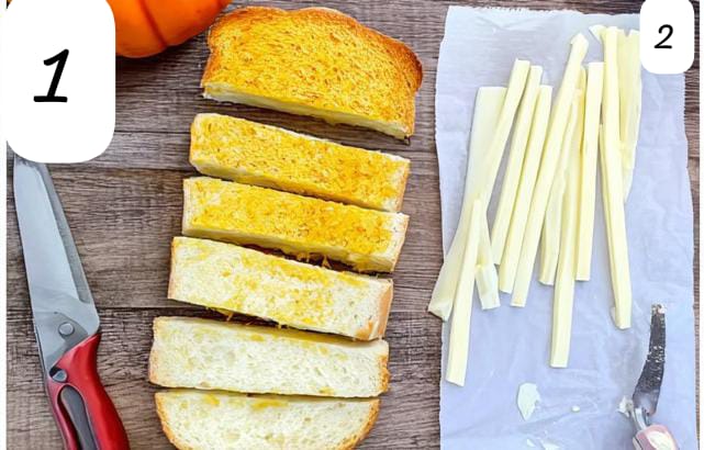 Halloween garlic bread prep steps. Bread slices with garlic butter and sliced cheese for mummy cheese bread recipe.