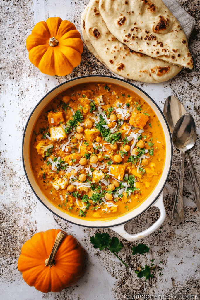 Pumpkin curry recipe. Creamy pumpkin curry with naan bread, chickpeas, tofu, and fall flavors. Comfort food.