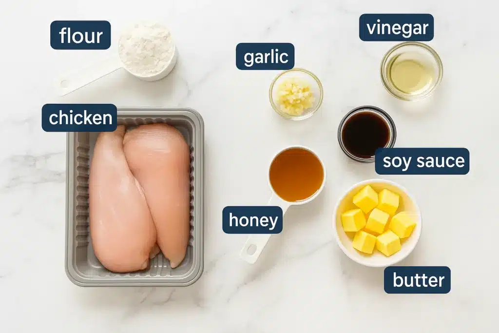 Honey Garlic Chicken ingredients: Chicken breasts, honey, garlic, flour, soy sauce, vinegar, and butter.