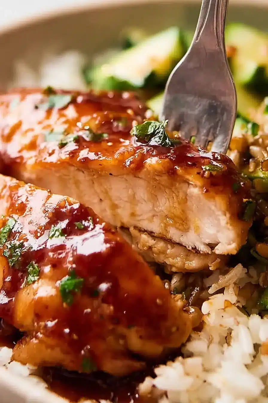Honey garlic chicken breast with rice and brussel sprouts on a plate. Fork pierces chicken. Honey garlic chicken breast with rice and brussel sprouts on a plate. Fork pierces chicken.