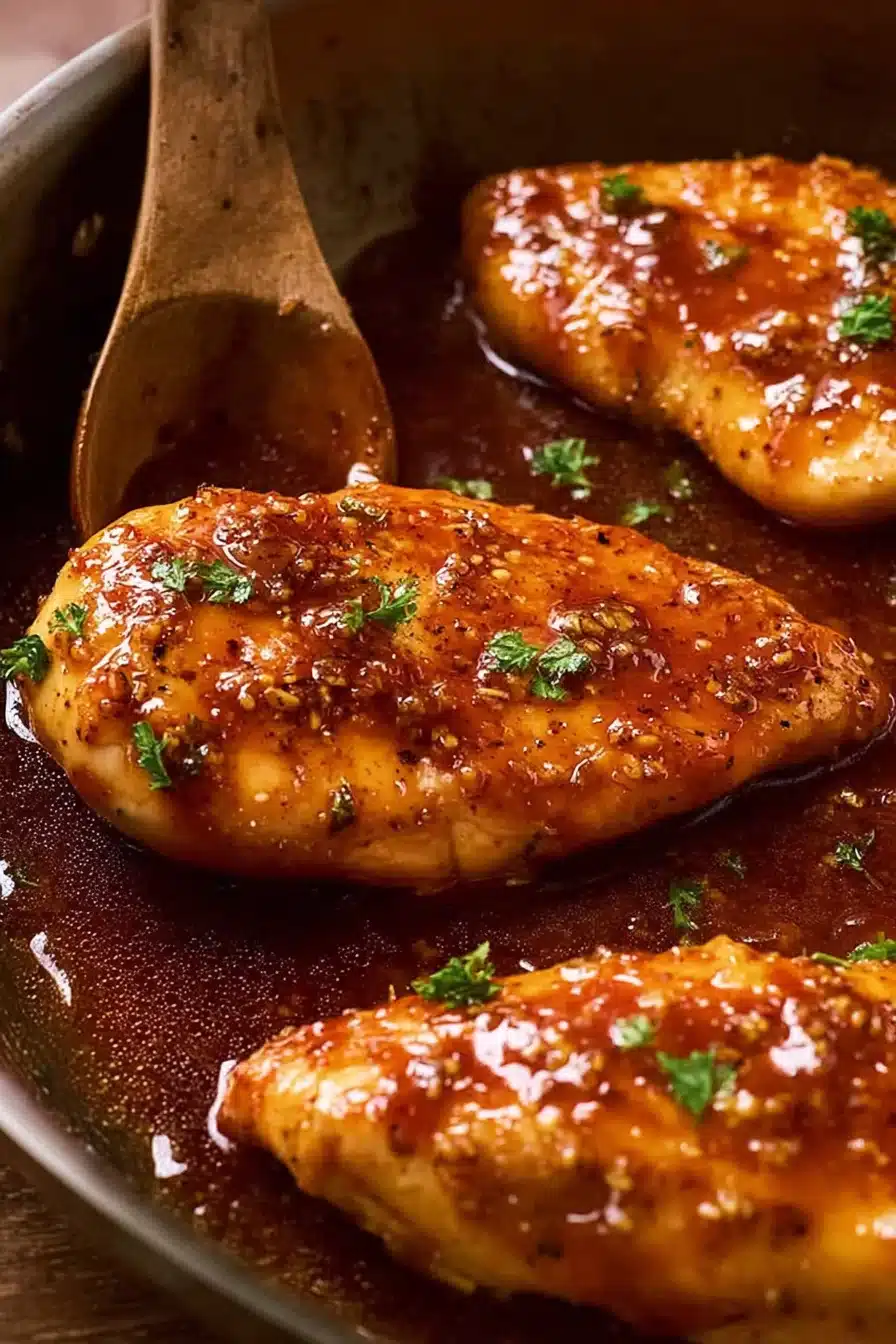 Honey garlic chicken in skillet. Close-up of chicken breasts with honey garlic sauce and parsley. Easy dinner recipe.