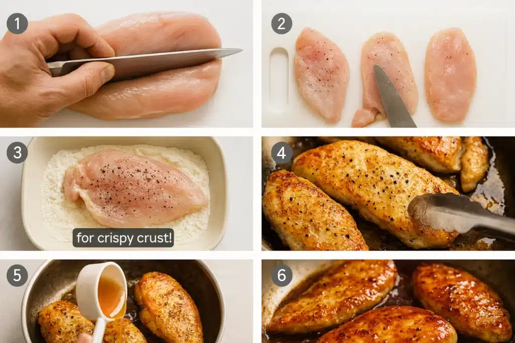 Honey Garlic Chicken recipe steps: slicing, coating, and cooking chicken breasts in a skillet.