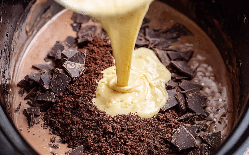 condensed milk poured over chocolate and cocoa powder in slow cooker for hot chocolate