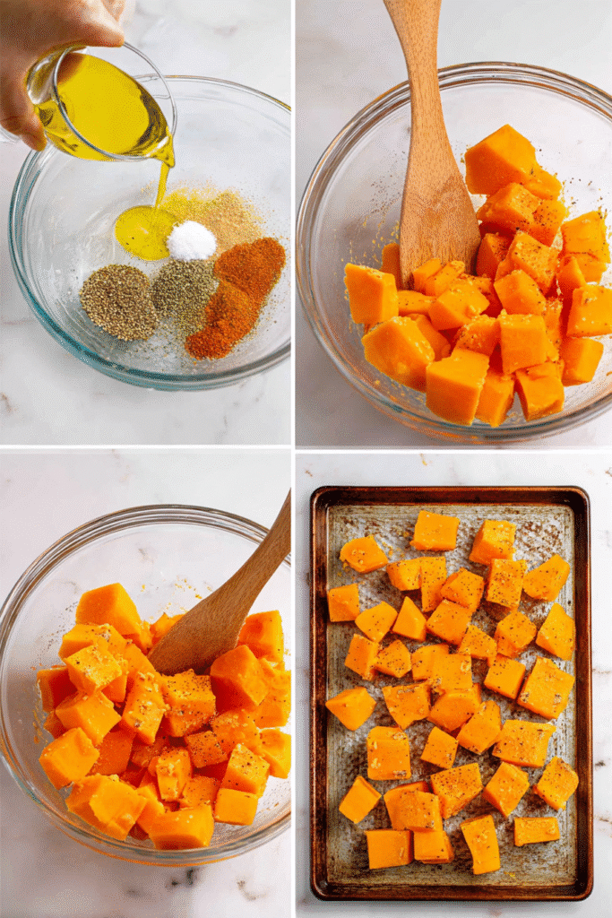 How to prep pumpkin for curry recipe: Pumpkin cubes being seasoned with spices and oil before roasting.