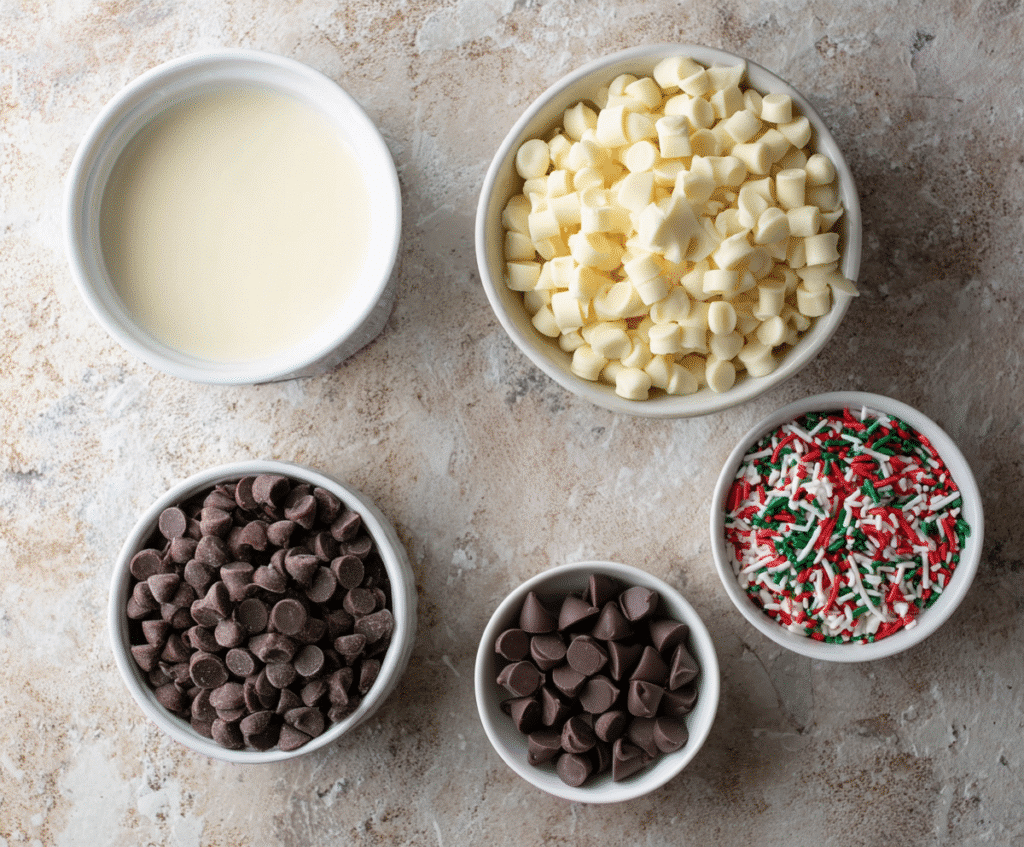 Christmas fudge recipe ingredients. Bowls of chocolate chips, white chocolate, cream, and red, green, and white sprinkles.