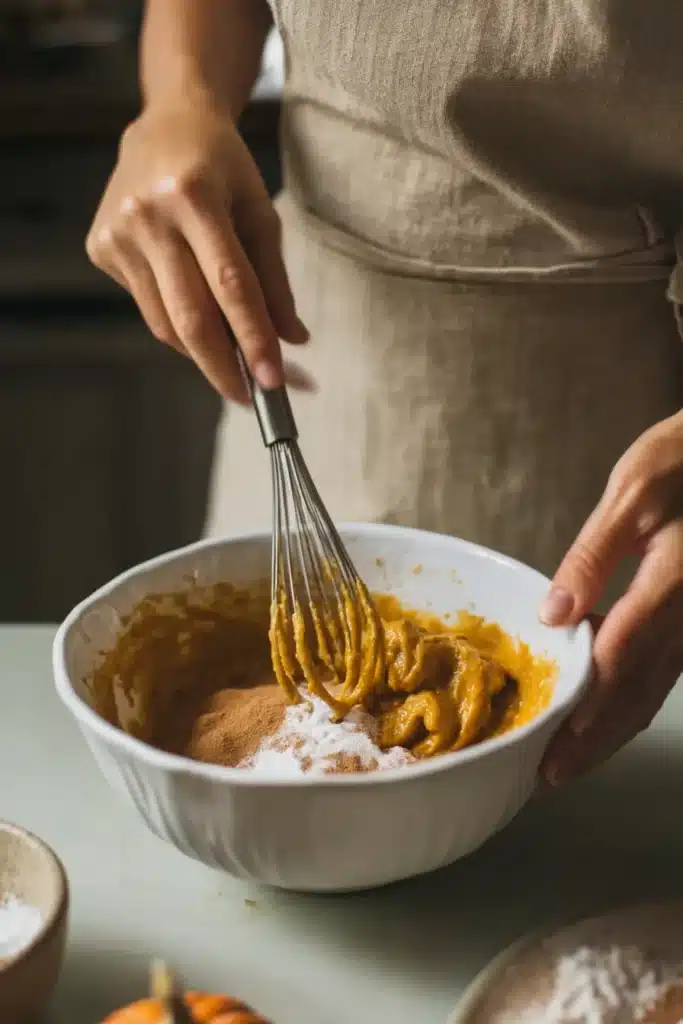 Hands whisking pumpkin bread batter in a bowl. Baking snickerdoodle pumpkin bread.