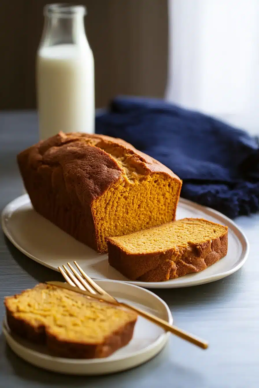 Sliced snickerdoodle pumpkin bread loaf with milk. Delicious homemade dessert.