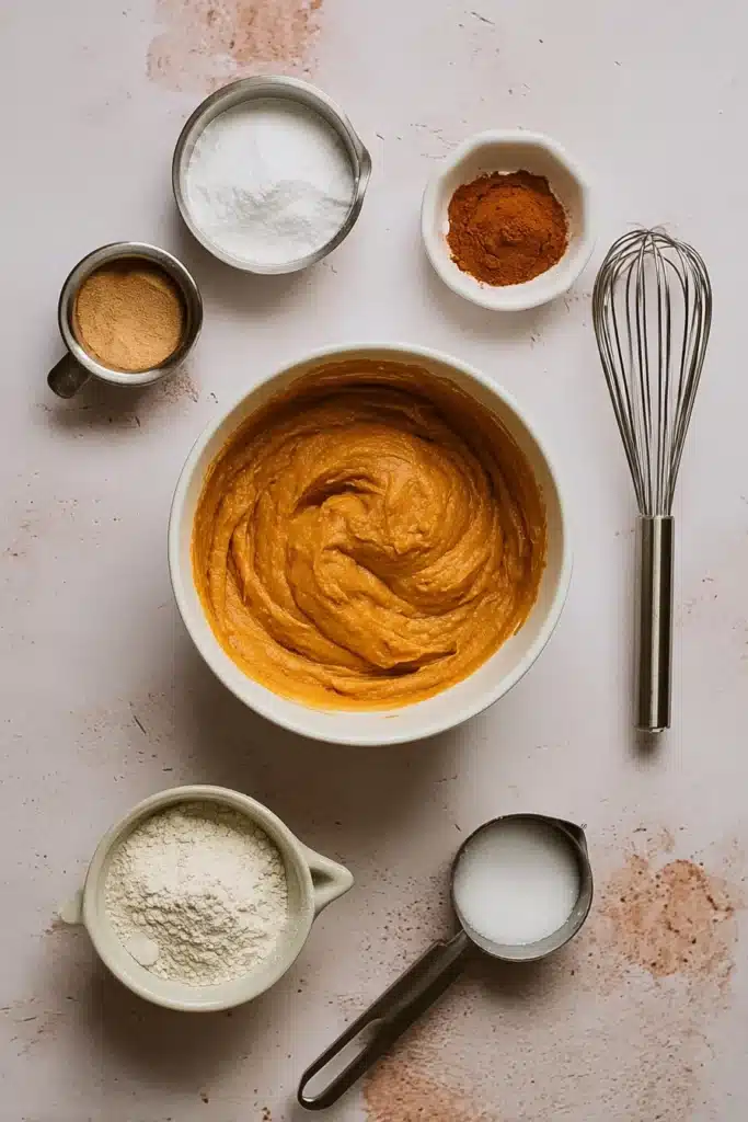 Overhead shot of ingredients for snickerdoodle pumpkin bread. Includes flour, sugar, cinnamon, and pumpkin puree.
