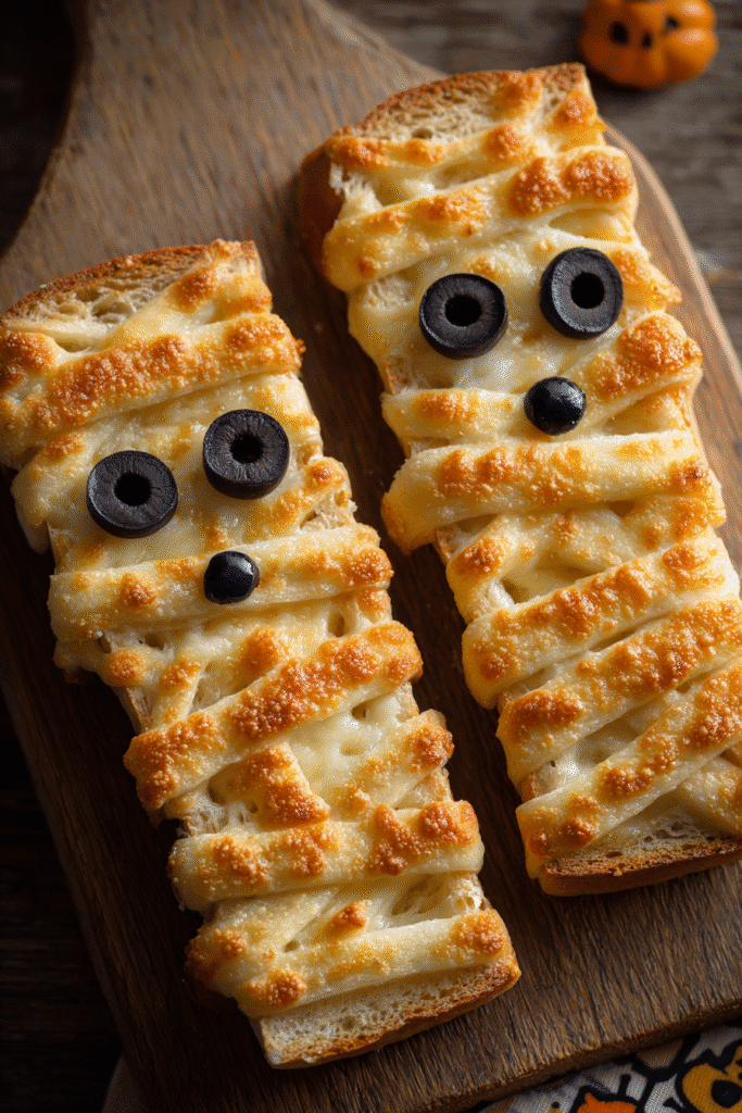 Halloween mummy garlic bread for kids. Festive, cheesy mummy bread with olive eyes.