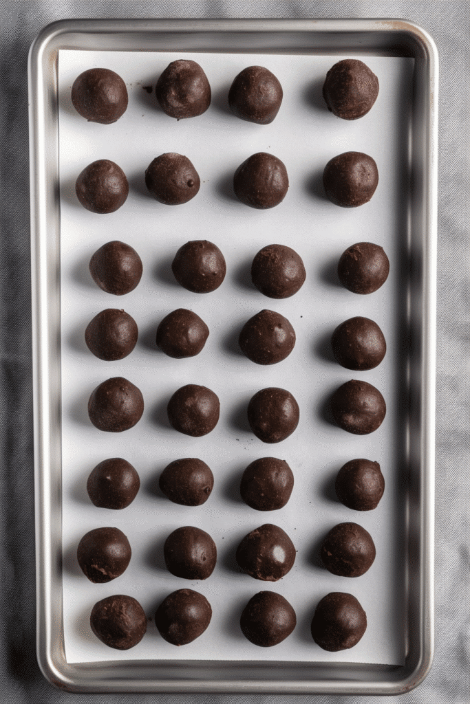 rolled oreo truffle balls lined up on baking sheet