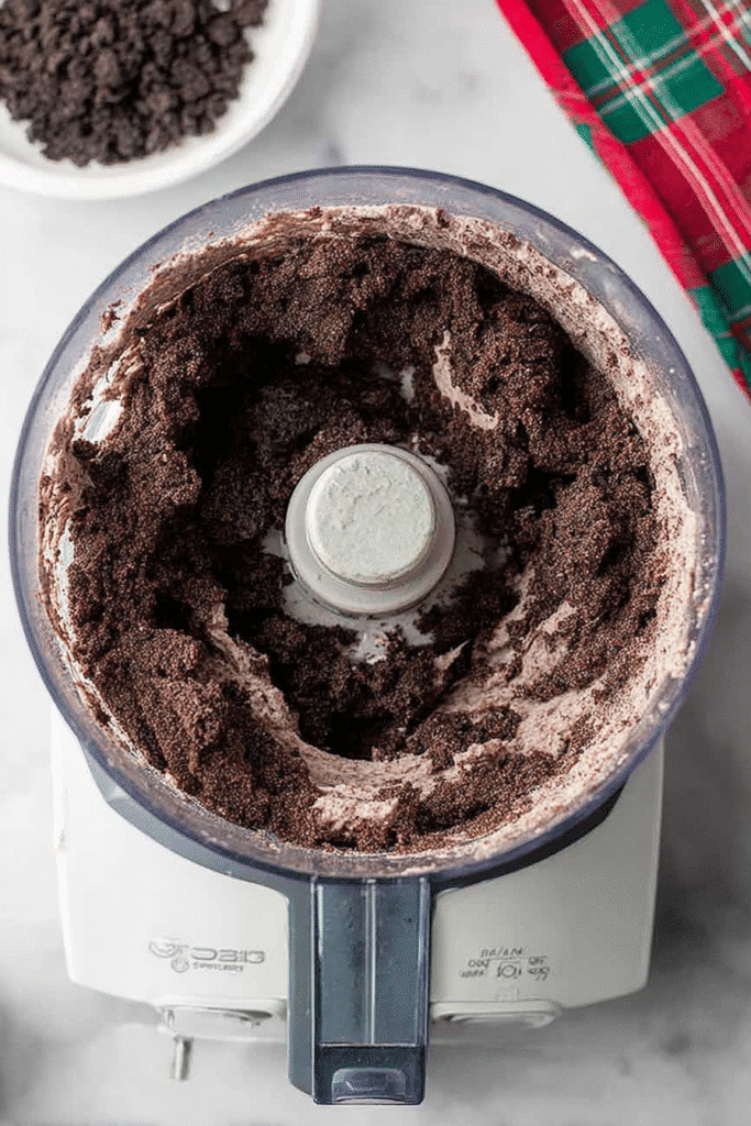 oreo and cream cheese mixture blended in food processor for christmas truffles