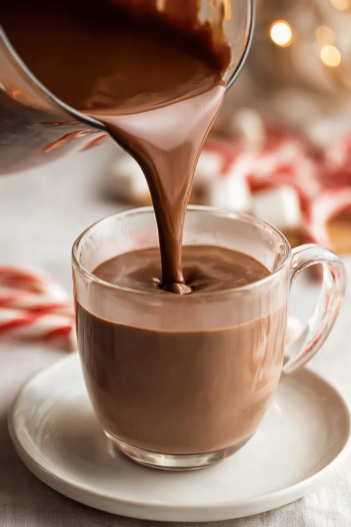 pouring the best crockpot hot chocolate into clear glass mug